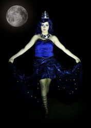 Size: 681x960 | Tagged: safe, artist:sarahndipity cosplay, imported from derpibooru, princess luna, human, 2016, bare shoulders, black background, clothes, cosplay, costume, full moon, irl, irl human, moon, photo, simple background, sleeveless, strapless