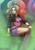 Size: 2480x3508 | Tagged: safe, artist:nire, imported from derpibooru, adagio dazzle, aria blaze, sonata dusk, equestria girls, equestria girls series, sunset's backstage pass!, spoiler:eqg series (season 2), boots, clothes, eyeshadow, high res, jacket, makeup, offscreen character, shoes, shorts, smiling, solo focus, spiked headband, spiked wristband, stage light, the dazzlings, wristband