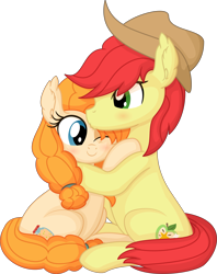 Size: 6357x8041 | Tagged: safe, artist:cyanlightning, imported from derpibooru, bright mac, pear butter, earth pony, pony, .svg available, absurd resolution, blushing, brightabetes, brightbutter, cute, duo, ear fluff, female, forehead kiss, hat, hug, husband and wife, kissing, male, mare, pearabetes, shipping, simple background, smiling, stallion, straight, transparent background, vector