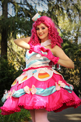 Size: 1999x2999 | Tagged: safe, artist:sarahndipity cosplay, imported from derpibooru, pinkie pie, human, the best night ever, 2015, clothes, cosplay, costume, dress, gala dress, heart hands, irl, irl human, photo, sleeveless