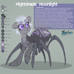 Size: 2000x2000 | Tagged: safe, artist:fluffyxai, imported from derpibooru, oc, oc only, oc:nightshade moonlight, drider, monster pony, original species, pony, spider, spiderpony, claws, fangs, high res, multiple eyes, pony hybrid, reference sheet, solo, spider legs, text