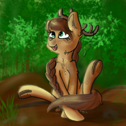 Size: 3870x3874 | Tagged: safe, artist:kalashnikitty, imported from derpibooru, oc, oc:kalaya, deer, deer pony, hybrid, original species, :d, antlers, braid, cute, female, high res, nature, ocbetes, sitting