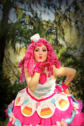 Size: 1999x2999 | Tagged: safe, artist:sarahndipity cosplay, imported from derpibooru, pinkie pie, human, the best night ever, 2015, blowing a kiss, clothes, cosplay, costume, dress, gala dress, hand on hip, irl, irl human, photo, solo