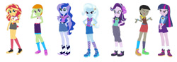 Size: 1280x450 | Tagged: safe, artist:diana173076, imported from derpibooru, discord, princess luna, starlight glimmer, sunset shimmer, thorax, trixie, twilight sparkle, equestria girls, legend of everfree, alternate universe, base used, clothes swap, converse, eqg promo pose set, shoes