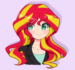 Size: 4096x3836 | Tagged: safe, artist:kittyrosie, imported from derpibooru, sunset shimmer, human, equestria girls, blushing, cute, eye clipping through hair, eyebrows, eyebrows visible through hair, high res, human coloration, pink background, redraw, shimmerbetes, simple background, smiling, solo