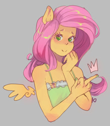 Size: 640x730 | Tagged: safe, artist:tingtongten, imported from derpibooru, fluttershy, human, pegasus, blushing, bust, clothes, dress, eared humanization, female, gray background, humanized, looking at you, middle finger, simple background, smiling, solo, vulgar, winged humanization, wings