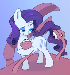 Size: 1600x1718 | Tagged: safe, artist:xbi, imported from derpibooru, rarity, crab, giant crab, pony, unicorn, 30 minute art challenge finished after, blue background, eyes on the prize, female, gradient background, looking at butt, mare, rarity fighting a giant crab, simple background