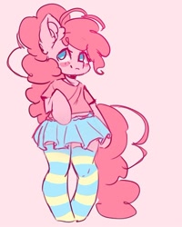 Size: 700x875 | Tagged: safe, artist:vaffiart, artist:valeria_fills, imported from derpibooru, pinkie pie, earth pony, semi-anthro, clothes, female, midriff, pink background, shirt, short shirt, simple background, skirt, socks, solo, striped socks, t-shirt, thigh highs