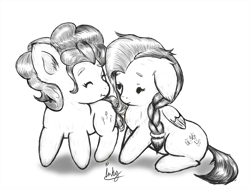 Size: 665x502 | Tagged: safe, artist:inky_mitts, artist:inkypuso, imported from derpibooru, fluttershy, pinkie pie, earth pony, pegasus, pony, alternate hairstyle, braid, ear fluff, floppy ears, grayscale, monochrome