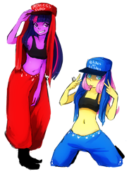 Size: 1010x1308 | Tagged: safe, artist:tingtongten, imported from derpibooru, fluttershy, twilight sparkle, equestria girls, belly button, clothes, double peace sign, duo, duo female, female, grin, hat, kneeling, pants, peace sign, shoes, simple background, smiling, sports bra, tongue out, transparent background, veil, vulgar