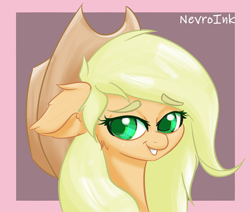 Size: 1280x1084 | Tagged: safe, artist:inky_mitts, artist:inkypuso, imported from derpibooru, part of a set, applejack, earth pony, pony, bust, cheek fluff, colored pupils, ear fluff, eyebrows, eyebrows visible through hair, female, floppy ears, mare, solo