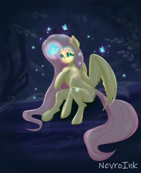 Size: 1800x2206 | Tagged: safe, artist:inky_mitts, artist:inkypuso, imported from derpibooru, fluttershy, butterfly, pegasus, semi-anthro, blushing, cute, daaaaaaaaaaaw, female, glow, glowing, mare, night, shyabetes, solo