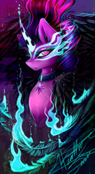 Size: 1024x1886 | Tagged: safe, artist:purediamond360, imported from derpibooru, twilight sparkle, alicorn, pony, equestria girls, black wings, burning, bust, element of magic, equestria girls ponified, feather, fire, glare, jewelry, looking at you, mane, menacing, midnight sparkle, necklace, ponified, portrait, solo