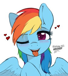 Size: 2550x2838 | Tagged: safe, artist:ratofdrawn, color edit, edit, editor:maonyman, imported from derpibooru, rainbow dash, pegasus, pony, blushing, chest fluff, colored, colored pupils, cute, dashabetes, drool, female, floating heart, heart, high res, inktober, kinktober, kinktober2018, lidded eyes, looking at you, mare, mawshot, one eye closed, open mouth, raised hoof, simple background, smiling, smiling at you, solo, spread wings, tongue out, white background, wing fluff, wings, wink, winking at you