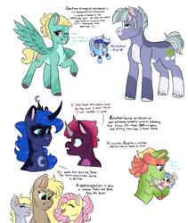 Size: 2732x3241 | Tagged: safe, artist:moccabliss, imported from derpibooru, cozy glow, derpy hooves, fluttershy, limestone pie, minuette, princess luna, tempest shadow, tree hugger, zephyr breeze, oc, oc:sona shy, pony, a better ending for cozy, adopted offspring, aura winds, derpyshy, family, female, heart eyes, high res, keyser berry, lesbian, limette, male, offspring, parent:bulk biceps, parent:derpy hooves, parent:fluttershy, parents:derpyshy, parents:flutterbulk, rule 63, shipping, simple background, sperm donation, straight, tempestluna, tongue out, white background, wingding eyes