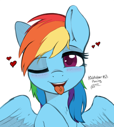 Size: 2550x2838 | Tagged: safe, alternate version, artist:ratofdrawn, color edit, edit, editor:maonyman, imported from derpibooru, rainbow dash, pegasus, pony, blushing, chest fluff, colored, colored pupils, drool, female, floating heart, heart, high res, inktober, kinktober, kinktober2018, lidded eyes, looking at you, mare, one eye closed, open mouth, piercing, raised hoof, simple background, smiling, smiling at you, solo, spread wings, tongue out, tongue piercing, white background, wing fluff, wings, wink, winking at you