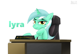 Size: 2927x2034 | Tagged: safe, artist:nightfury2020, imported from derpibooru, lyra heartstrings, pony, unicorn, female, high res, mare, office, simple background, solo, text, white background