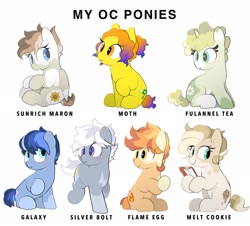 Size: 2048x1852 | Tagged: safe, artist:mochi_nation, imported from derpibooru, oc, oc only, oc:flame egg, oc:flannel tea, oc:galaxy, oc:melt cookie, oc:moth, oc:silver bolt, oc:sunrich maron, earth pony, pegasus, pony, unicorn, female, freckles, mare, simple background, sitting, white background