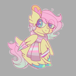 Size: 1000x1000 | Tagged: safe, artist:rubyg242, imported from derpibooru, fluttershy, pony, blushing, clothes, colored wings, cute, daaaaaaaaaaaw, eye clipping through hair, gray background, multicolored hair, multicolored tail, multicolored wings, pride flag, scarf, shyabetes, signature, simple background, solo, wings