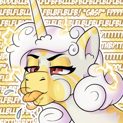 Size: 1000x1000 | Tagged: safe, artist:cocaine, imported from derpibooru, oc, oc only, oc:princess coke, alicorn, zebra, zebra alicorn, onomatopoeia, puffy cheeks, raspberry, raspberry noise, taunting, tongue out, zebra oc