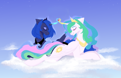 Size: 3600x2309 | Tagged: safe, artist:evlass, imported from derpibooru, princess celestia, princess luna, alicorn, pony, cloud, eyes closed, female, glowing horn, heart, high res, horn, lying down, magic, on a cloud, prone, royal sisters, siblings, sisters, smiling