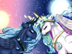 Size: 2618x1956 | Tagged: safe, artist:nutmeg04, imported from derpibooru, princess celestia, princess luna, alicorn, pony, blue mane, crown, ethereal mane, eyelashes, eyes closed, female, flowing mane, folded wings, glowing horn, horn, jewelry, moon, moonlight, multicolored hair, regalia, royal sisters, s1 luna, siblings, signature, sisters, smiling, starry mane, stars, sun, sunlight, wings