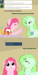 Size: 900x1758 | Tagged: safe, artist:askmerriweatherauthor, imported from derpibooru, pinkie pie, oc, oc:merriweather, pony, unicorn, ask merriweather, female, food, mare, milestone, pancakes