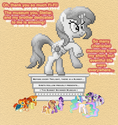 Size: 504x533 | Tagged: safe, artist:verve, imported from derpibooru, firelight, princess celestia, spike, starlight glimmer, stellar flare, sunburst, sunset shimmer, sunspot (character), twilight sparkle, twilight velvet, alicorn, dragon, ghost, pony, undead, unicorn, ask genie twilight, female, male, mare, pixel art, stallion, statue, sunspot (g4), twilight sparkle (alicorn)