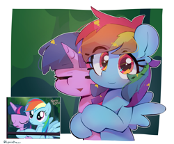 Size: 2334x1937 | Tagged: safe, artist:lexiedraw, imported from derpibooru, screencap, rainbow dash, twilight sparkle, alicorn, pegasus, pony, daring don't, duo, duo female, eye clipping through hair, eyes closed, female, hug, open mouth, redraw, scene interpretation, spread wings, twilight sparkle (alicorn), wings