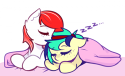 Size: 700x426 | Tagged: safe, artist:sb66, imported from derpibooru, oc, oc only, oc:making amends, unnamed oc, pony, commission, duo, onomatopoeia, simple background, sleeping, sound effects, white background, ych result, zzz