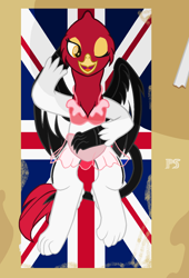 Size: 1132x1664 | Tagged: safe, artist:peregrinstaraptor, imported from derpibooru, oc, oc only, oc:genette, griffon, bikini, british flag, clothes, female, one eye closed, solo, swimsuit, union jack