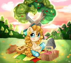 Size: 2500x2230 | Tagged: safe, artist:appleneedle, imported from derpibooru, pear butter, earth pony, pony, apple, apple tree, basket, clothes, cute, female, food, guitar, high res, intertwined trees, mare, musical instrument, pear tree, pearabetes, picnic basket, picnic blanket, rock, socks, solo, stockings, striped socks, thigh highs, tree