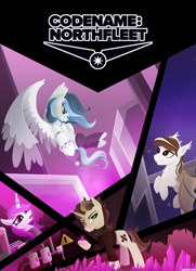 Size: 3500x4824 | Tagged: safe, artist:andaluce, imported from derpibooru, oc, oc only, oc:aleph gray, oc:choco blanc, oc:haze northfleet, oc:violet ultra, bat pony, pegasus, unicorn, comic:codename northfleet, clothes, cover art, crystal, hoofless socks, lineless, science fiction, socks, spread wings, sweater, technology, wings