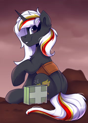 Size: 1500x2100 | Tagged: safe, artist:shadowreindeer, imported from derpibooru, oc, oc only, oc:velvet remedy, pony, unicorn, fallout equestria, chest fluff, cloud, cloudy, ear fluff, female, horn, looking at you, mare, medkit, outdoors, profile, raised hoof, sitting, smiling, smiling at you, solo