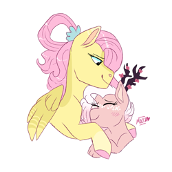 Size: 1593x1588 | Tagged: safe, artist:moccabliss, imported from derpibooru, fluttershy, oc, oc:sakura, hybrid, pony, female, interspecies offspring, offspring, parent:discord, parent:fluttershy, parents:discoshy, simple background, white background