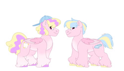 Size: 1280x732 | Tagged: safe, artist:itstechtock, imported from derpibooru, oc, oc only, oc:cotton candy, oc:faisry floss, pegasus, pony, backwards ballcap, baseball cap, cap, colt, hat, magical lesbian spawn, male, offspring, parent:orange swirl, parent:sassaflash, siblings, simple background, twins, unshorn fetlocks, white background