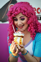 Size: 1024x1546 | Tagged: safe, artist:sarahndipity cosplay, imported from derpibooru, pinkie pie, human, equestria girls, 2017, bracelet, clothes, cosplay, costume, food, ice cream, irl, irl human, jewelry, open mouth, photo