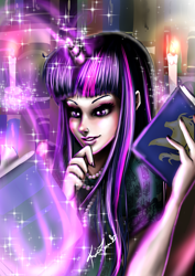 Size: 2059x2912 | Tagged: safe, artist:maximumimpulse, imported from derpibooru, twilight sparkle, human, book, candle, eyeliner, female, glowing horn, high res, horn, horned humanization, humanized, indoors, magic, makeup, signature, solo, telekinesis, thinking