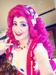 Size: 720x960 | Tagged: safe, artist:sarahndipity cosplay, imported from derpibooru, pinkie pie, human, clothes, cosplay, costume, irl, irl human, jewelry, necklace, peace sign, photo
