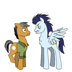Size: 1000x1000 | Tagged: safe, artist:drawonly, imported from derpibooru, quibble pants, soarin', earth pony, pegasus, pony, duo, implied shipping, implied soarindash, implied straight, jealous, male, simple background, stallion, white background