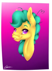 Size: 645x876 | Tagged: safe, artist:eperyton, imported from derpibooru, oc, oc only, earth pony, pony, bust, ear fluff, earth pony oc, eyelashes, freckles, gradient background, messy mane, signature, smiling