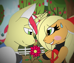 Size: 1871x1599 | Tagged: safe, artist:silenceshadowwolf, imported from derpibooru, applejack, flim, earth pony, pony, apple, apple tree, applejack also dresses in style, bedroom eyes, blushing, clothes, dress, eyelashes, female, flimjack, floppy ears, flower, food, freckles, grin, hoof shoes, looking at each other, male, mare, outdoors, shipping, smiling, stallion, straight, sweat, sweatdrop, tomboy taming, tree