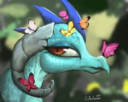 Size: 2500x2000 | Tagged: safe, artist:colochenni, imported from derpibooru, princess ember, butterfly, dragon, butterfly on nose, dragoness, dragonified animal photo, drawthread, female, flower, high res, horns, insect on nose, serious, solo, tree