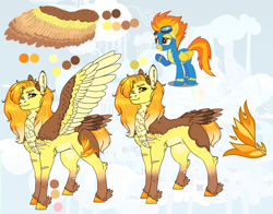 Size: 1606x1259 | Tagged: safe, artist:malinraf1615, imported from derpibooru, spitfire, pegasus, pony, alternate hairstyle, blaze (coat marking), chest fluff, clothes, coat markings, facial markings, female, grin, hair over one eye, leg fluff, mare, markings, one eye closed, raised hoof, redesign, reference sheet, scar, smiling, solo, spread wings, uniform, unshorn fetlocks, watermark, wings, wink, wonderbolts, wonderbolts uniform