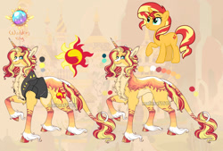 Size: 1280x864 | Tagged: safe, artist:malinraf1615, imported from derpibooru, sunset shimmer, classical unicorn, pony, unicorn, alternate hairstyle, blaze (coat marking), chest fluff, clothes, cloven hooves, coat markings, facial markings, female, jacket, jewelry, leather jacket, leg fluff, leonine tail, mare, markings, obtrusive watermark, raised hoof, redesign, reference sheet, ring, simple background, solo, unshorn fetlocks, watermark, wedding ring, yellow background