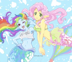 Size: 2048x1772 | Tagged: safe, artist:5mmumm5, imported from derpibooru, fluttershy, rainbow dash, mermaid, equestria girls, belly button, breasts, cleavage, duo, ear fins, female, fins, looking at you, mermaid tail, mermaidized, midriff, one eye closed, open mouth, open smile, smiling, smiling at you, species swap, underwater, wink