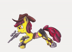 Size: 3501x2550 | Tagged: safe, artist:1vladislav, imported from derpibooru, apple bloom, earth pony, pony, clothes, cut, female, filly, gun, hat, high res, knife, solo, weapon