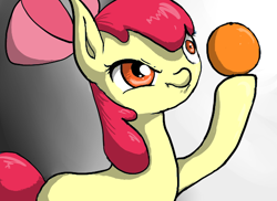 Size: 550x400 | Tagged: safe, artist:pegasistercake, imported from derpibooru, apple bloom, earth pony, pony, confused, contemplating life, female, filly, food, orange, solo, suspicious, thinking