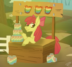 Size: 1558x1440 | Tagged: safe, artist:pinlrose, imported from derpibooru, apple bloom, earth pony, pony, adorabloom, apple, cute, female, filly, food, food stand, jam, jar, leaning, smiling, solo, zap apple, zap apple jam