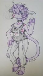 Size: 2988x5312 | Tagged: safe, artist:bluet0ast, imported from derpibooru, oc, oc only, oc:razzle frazzle, anthro, unicorn, cigarette, clothes, cloven hooves, female, horn, leonine tail, smoking, solo, traditional art, unicorn oc